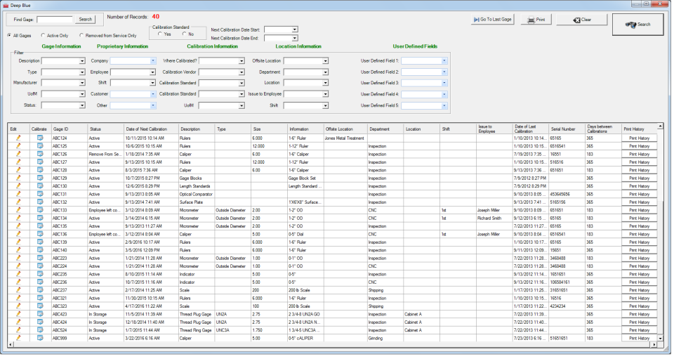 screenshot of Gage Control Software